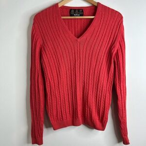 VTG Barbour Womens Cable Knit V Neck Sweater Coral Red 100$ Cotton Scotland Sz M